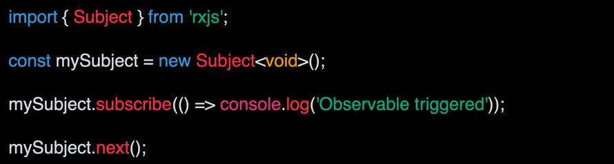 Exemple d'un fragment de code informatique tapé avec RxJS en TypeScript pour montrer un système d'évènement