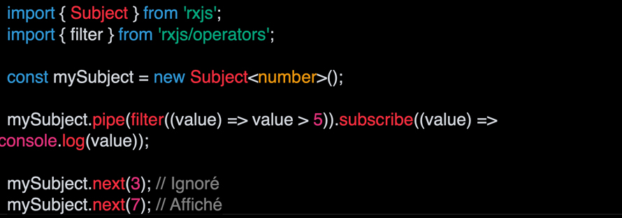 Exemple d'un fragment de code informatique tapé avec RxJS en TypeScript (filtrage), pour le filtrage et transformation des données