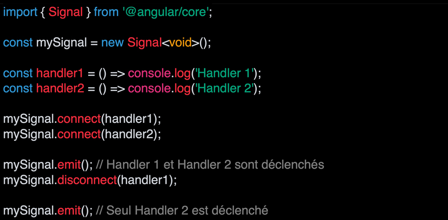 Capture d'écran d'un fragment de code informatique tapé avec Signals en TypeScript