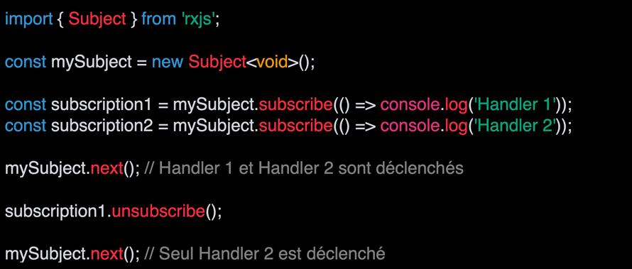 Capture d'écran d'un fragment de code informatique tapé avec RxJS en TypeScript (filtrage)